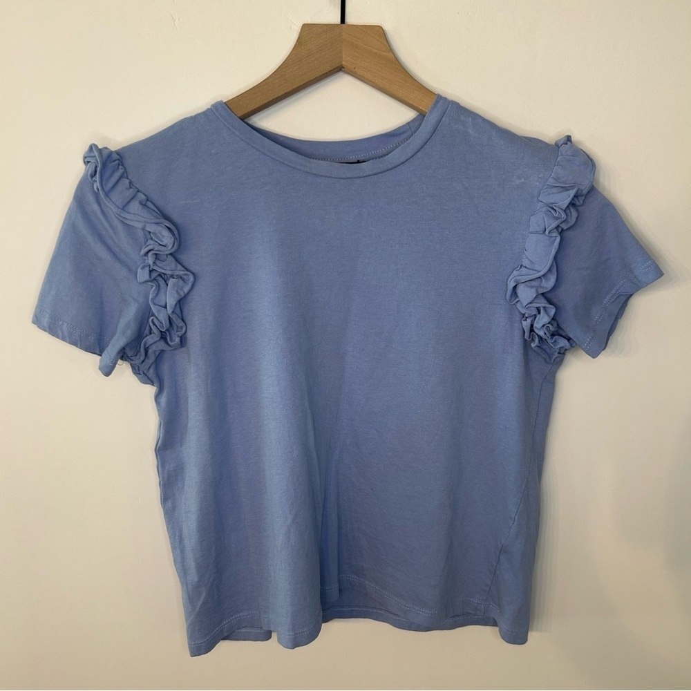 Zara Women’s Blue Ruffle Short Sleeve Cropped T-Shirt, Size Small